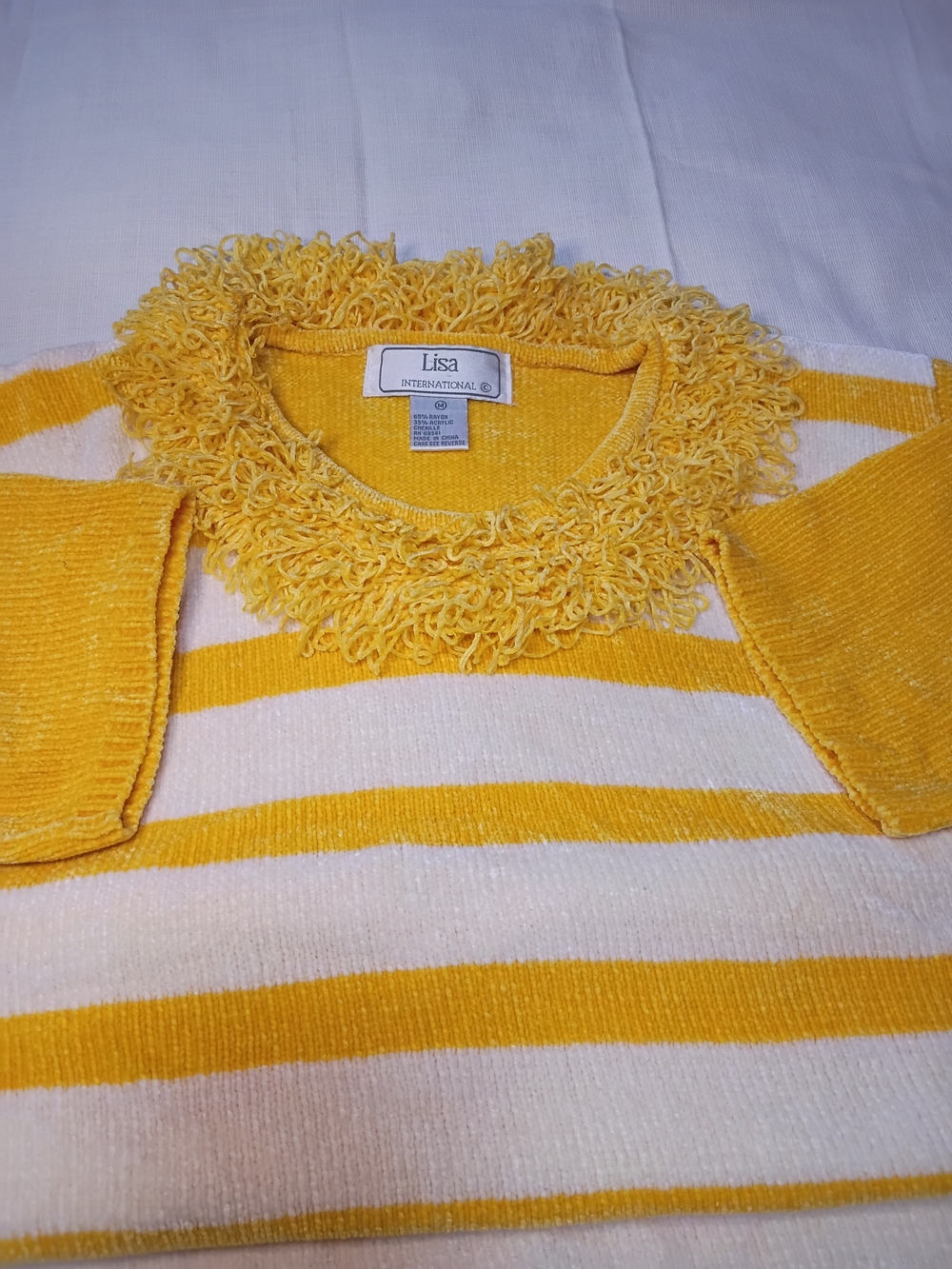 Lisa International Yellow and White Scoop Neck Loop-Trim Sweater - Picture 5 of 6